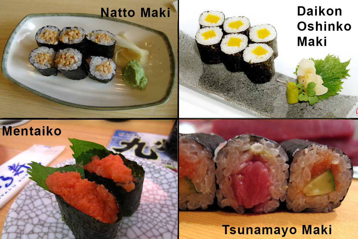 Types of sushi, urumaki, hossomaki and nigiri, urumaki