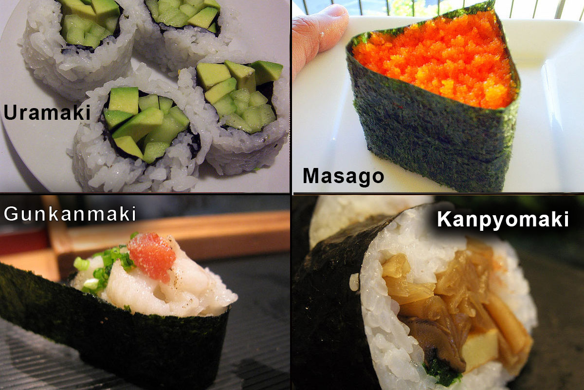 Types of sushi, urumaki, hossomaki and nigiri, urumaki