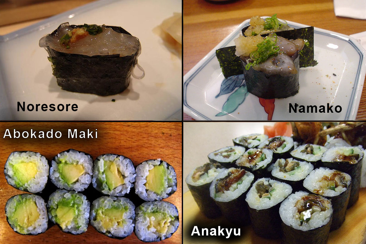 Types of sushi, urumaki, hossomaki and nigiri, urumaki