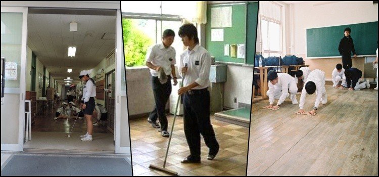 How do students clean the schools in Japan?