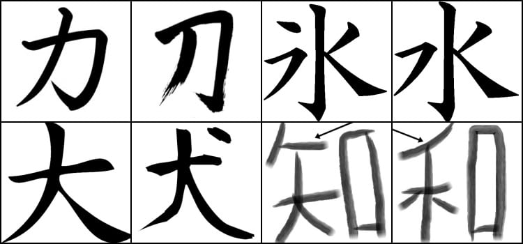 Os ideogramas e kanji de aparência semelhante, similares, parecidos