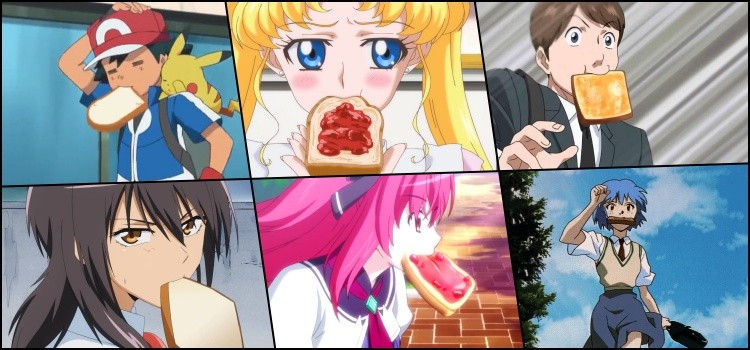 Personagens de anime correndo com um pão na boca