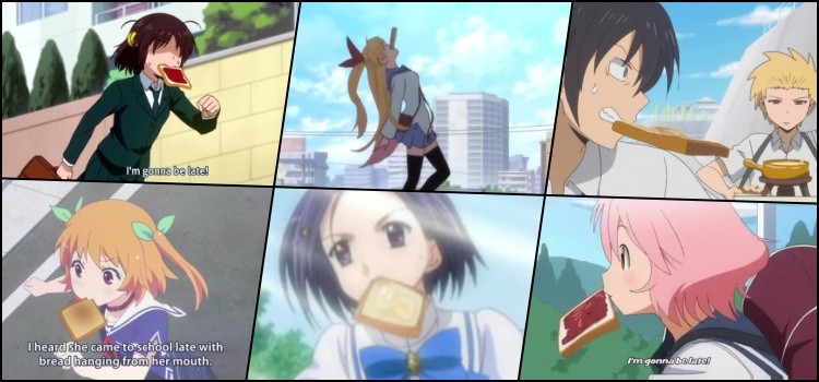 Anime characters running with bread in their mouths