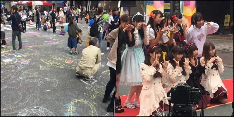 Cosplayers at the culture event and people drawing on the floor