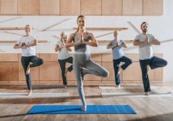 group of senior people practicing yoga with instructor in tree pose on mats in studio