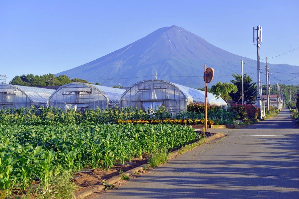 Mount Fuji, wie von der ländlichen Stadt in Japan aus gesehen