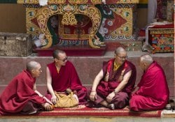 Biksu Tibet selama tarian topeng mistis tarian misteri tsam pada saat festival buddha yuru kabgyat di lamayuru gompa, ladakh, india utara