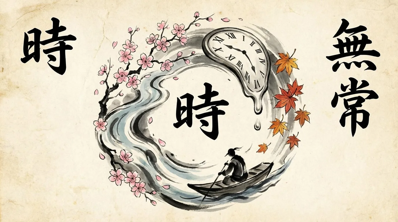 Ink painting with Japanese kanji for 'Time' and 'Impermanence', a melting clock, and seasonal flora.